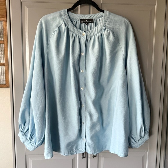 Pomander Place Tops - Pomander Place Jett Carolina‎ Blue Blouson Sleeve Poet Shirt, XXL